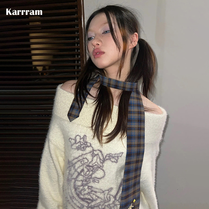 Turtleneck Knit 90S - Karrram Japanese Y2k Embroidered Pullover Vintage