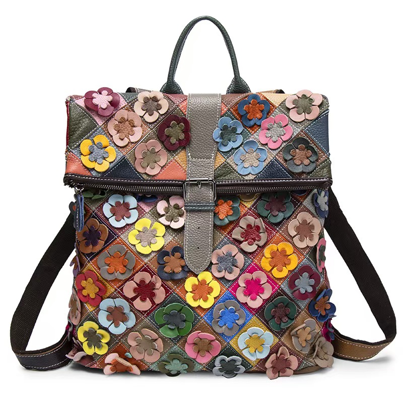 Usa Vintage Fashion - Vintage Women Genuine Leather Backpack Flower