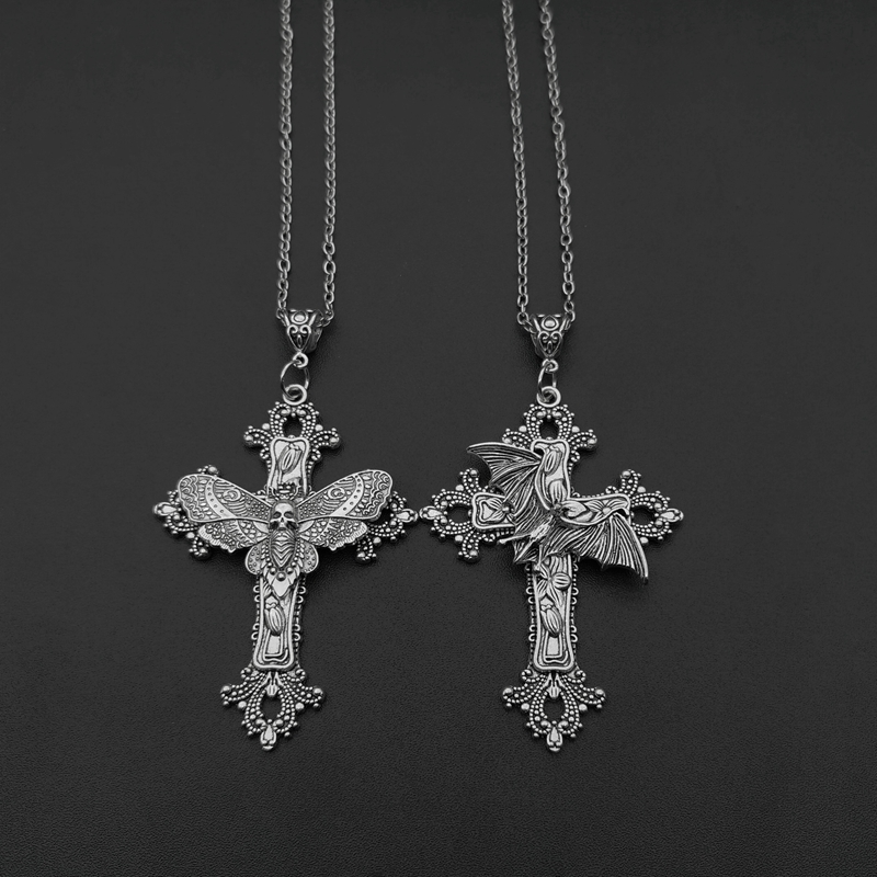 Vintage Victorian Fashion - Large Bat Cross Necklace Pendant Floral